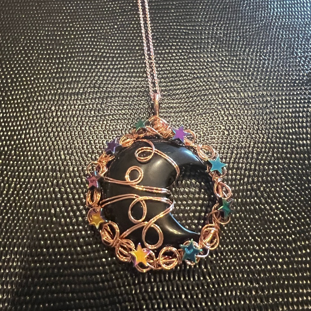 Black Agate Half Moon Rose Gold Necklace